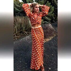 NWT Zara Linen Blend Beaded Maxi Skirt and Top Set in Terracotta